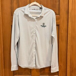 Green and white CSU women’s button-up tailored polyester shirt